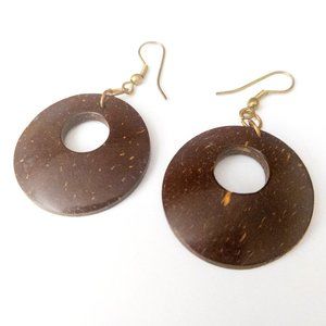 Round Natural Coconut Shell Hoop Earrings Brown Boho Large Dangle Bohemian Artsy